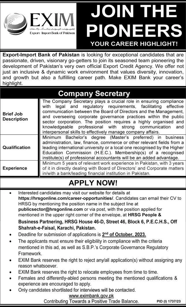 Export Import Bank of Pakistan Karachi Jobs 2023 – export import of pakistan Jobs 2023 — original advertisement