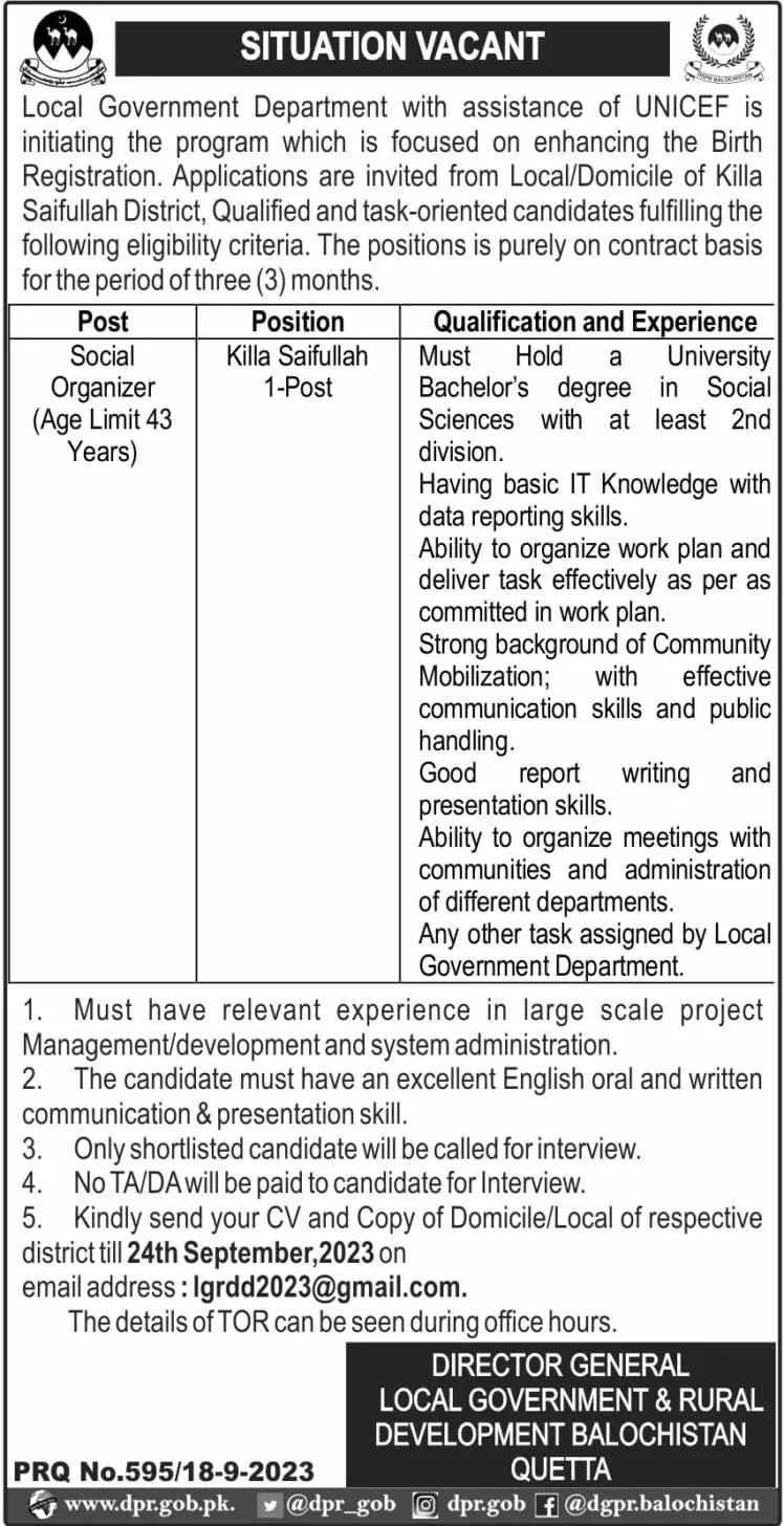 Local Government & Rural Development Balochistan Jobs 2023 – Local Government and Rural Development Department Balochistan Jobs 2023 — original advertisement