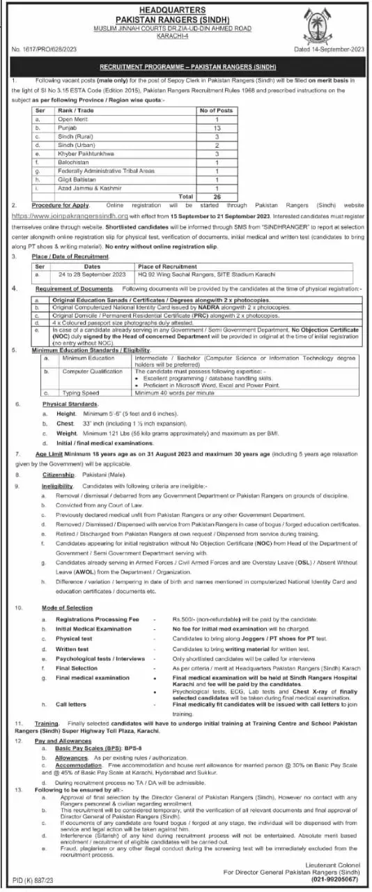 Sindh Rangers Sepoy Clerk Jobs 2023 Jobs 2023 — original advertisement