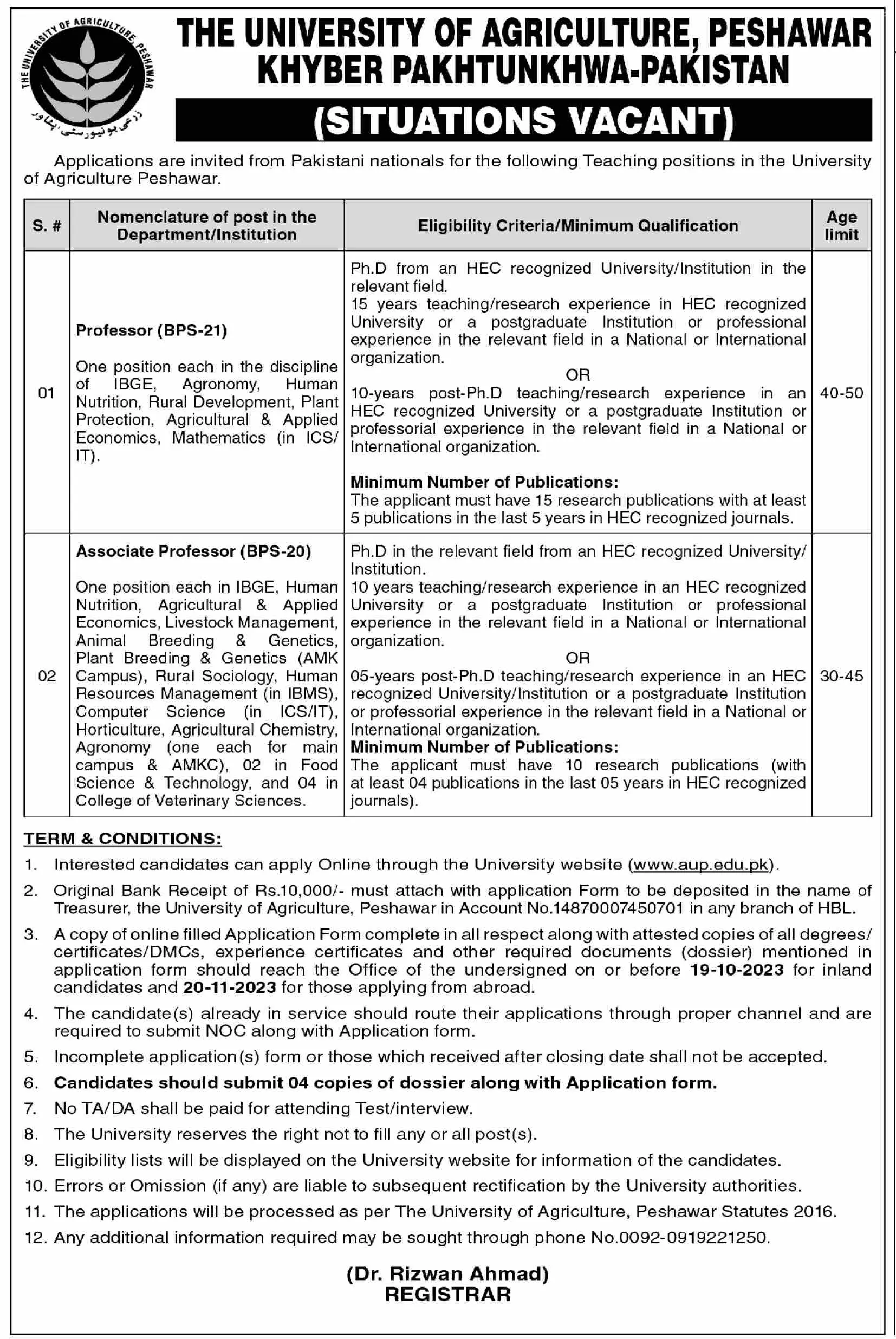 The University Of Agriculture Peshawar Jobs 2023 Jobs 2023 — original advertisement