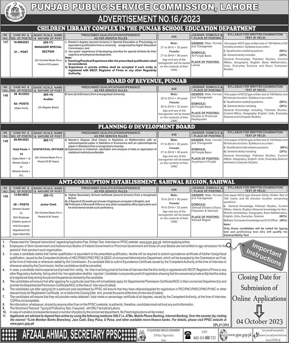 Punjab Public Service Commission PPSC Jobs 16/2023 – Punjab Public Service Commission Lahore Jobs 2023 — original advertisement