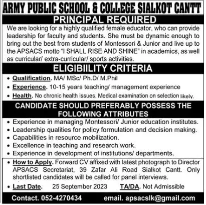Army Public School & College Sialkot Jobs 2023 – Army Public School & College Paksitan Jobs 2023 — original advertisement