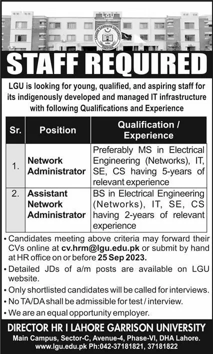 Lahore Garrison University Lahore Jobs 2023 Jobs 2023 — original advertisement