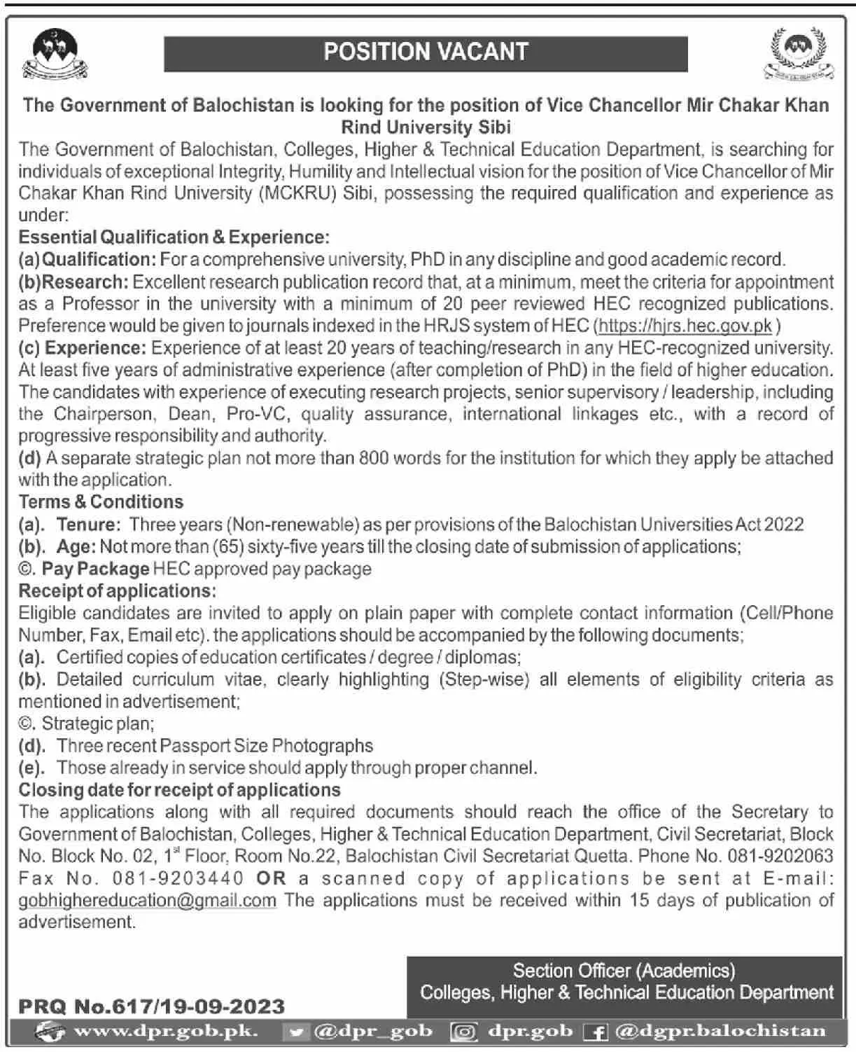 Mir Chakar Khan Rind University Sibi Jobs 2023 Jobs 2023 — original advertisement