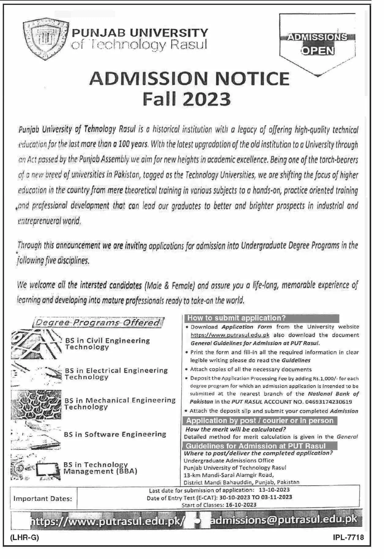 Punjab University of Technology Rasul Admissions 2023 – Punjab University of Technology Rasul District Mandi Bahaudin Admissions 2023 — original advertisement