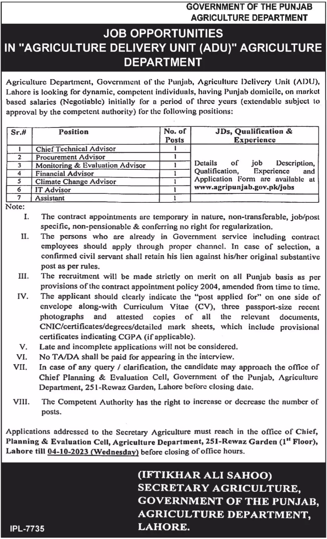Agriculture Department Lahore Jobs 2023 – Agriculture Department Punjab Jobs 2023 — original advertisement