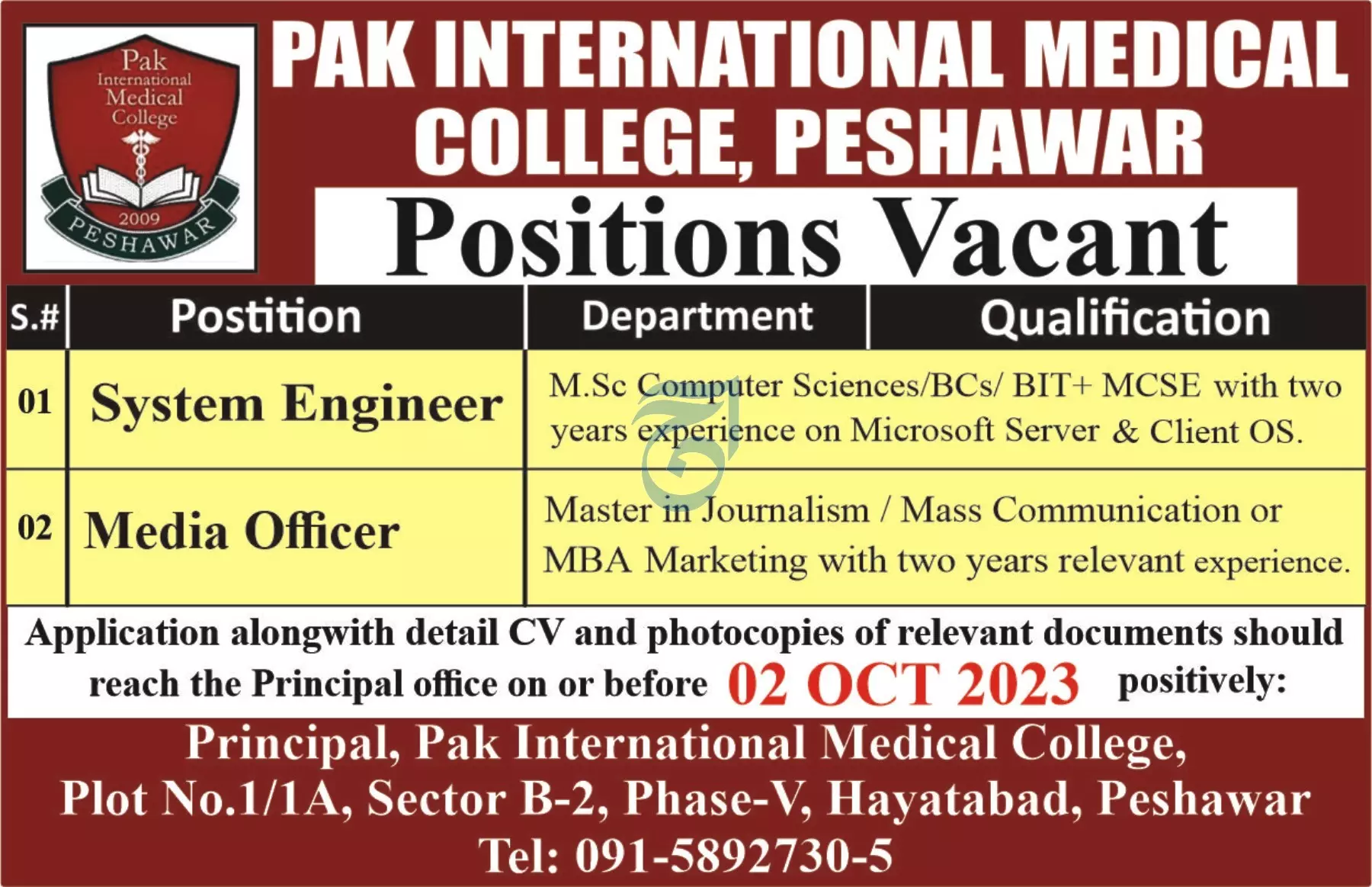 Pak International Medical College Peshawar Jobs 2023 Jobs 2023 — original advertisement