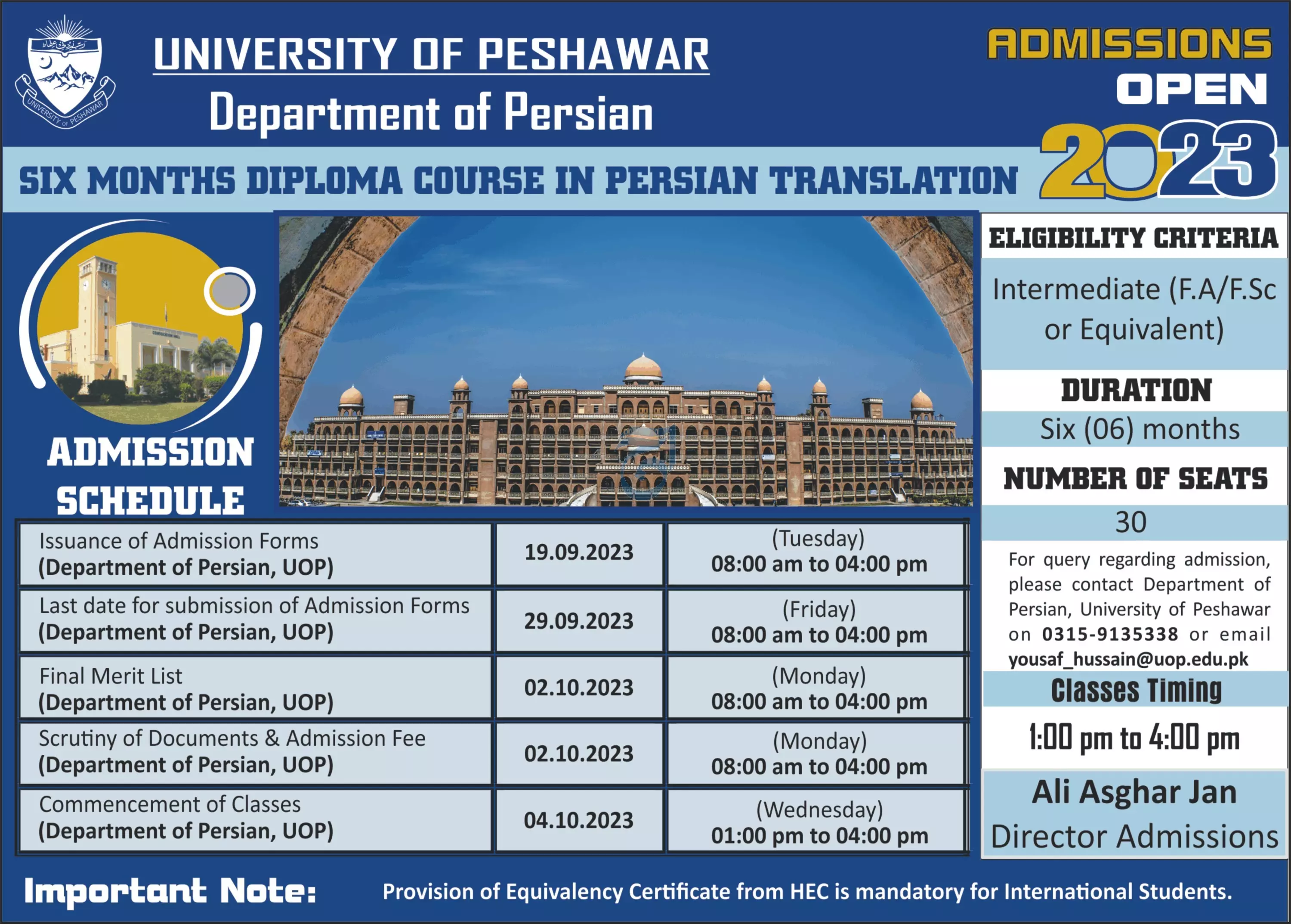 University of Peshawar Admissions Open 2023 Admissions 2023 — original advertisement