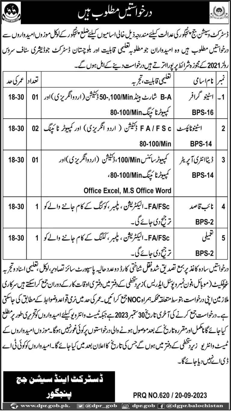 District And Session Judge Panjgoor Balochistan Jobs 2023 – District & Session Judge Jobs 2023 — original advertisement