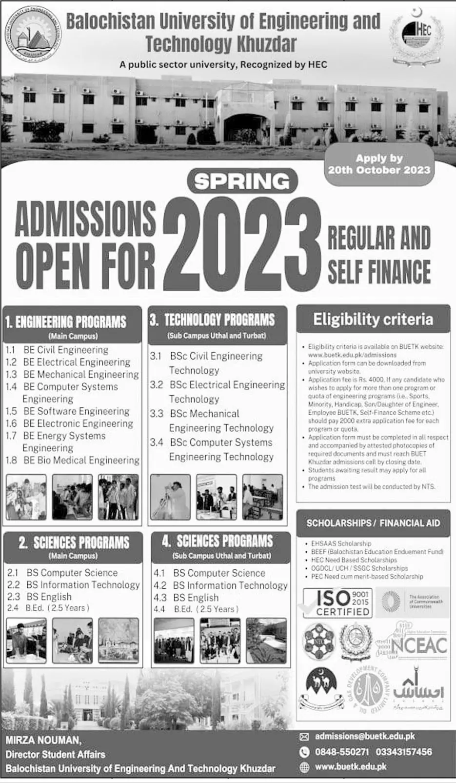 Balochistan University of Engineering & Technology Admission – Balochistan University of Engineering and Technology BUETK Khuzdar Admissions 2023 — original advertisement