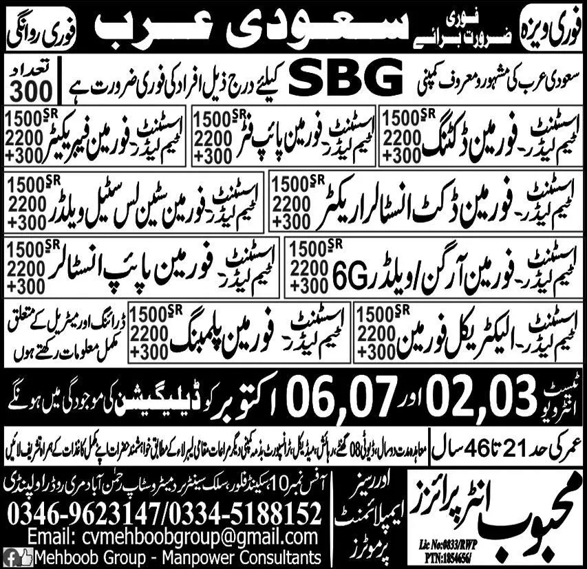Assistant Team Leader & Foreman Fabricator Jobs 2023 – Mehboob Enterprises Overseas Employment Promoters Jobs 2023 — original advertisement