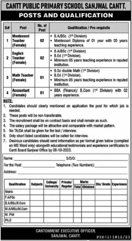 Cantt Public Primary School Sanjwal Cantt Jobs 2023 – Federal Govt Educational Institutes Cantts and Garrisons Jobs 2023 — original advertisement