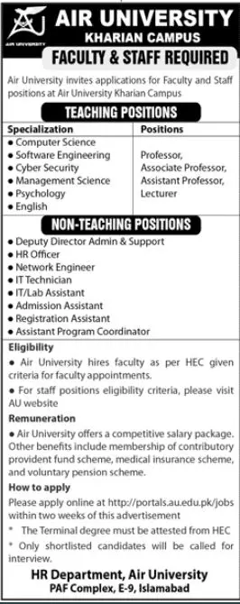 Air University Kharian Punjab Jobs 2023 – Air University Multan Campus Jobs 2023 — original advertisement