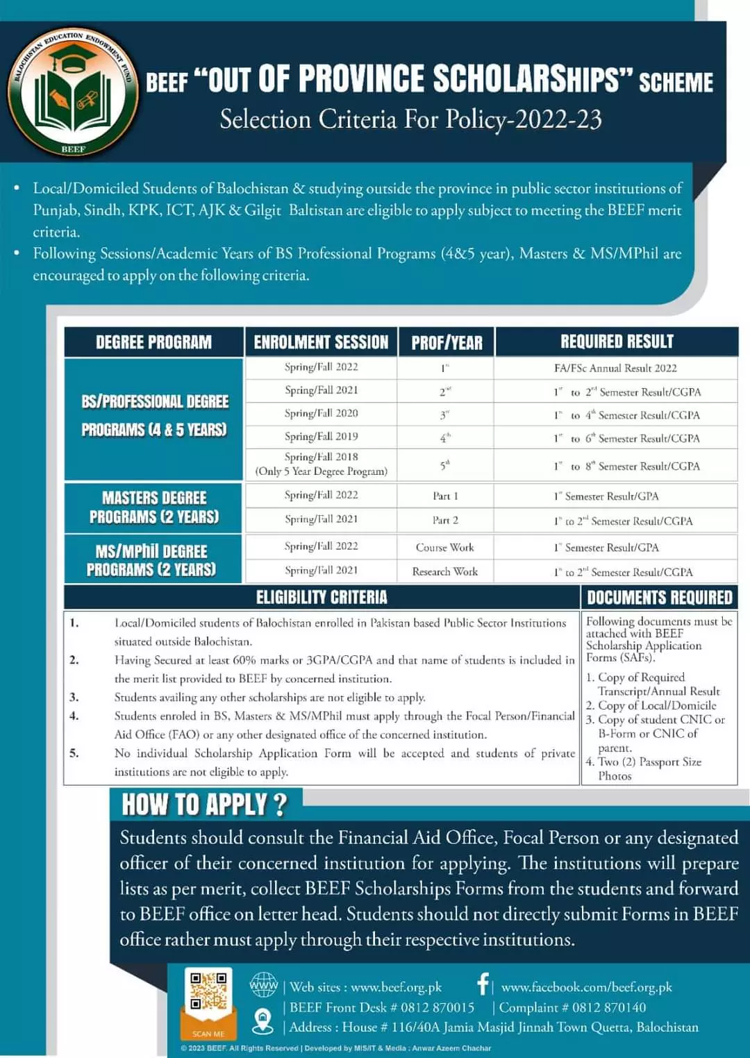 BEEF out of province Scholarship Scheme 2023 – Balochistan Education Endowment Fund (BEEF) Scholarships 2023 — original advertisement
