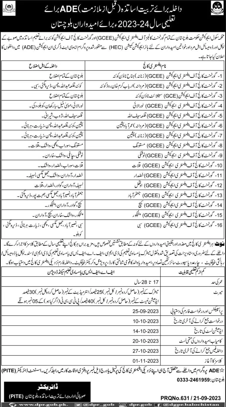 Associate Degree Program ADE Admissions Balochistan 2023 – Colleges Higher and Technical Education Department Balochsitan Admissions 2023 — original advertisement
