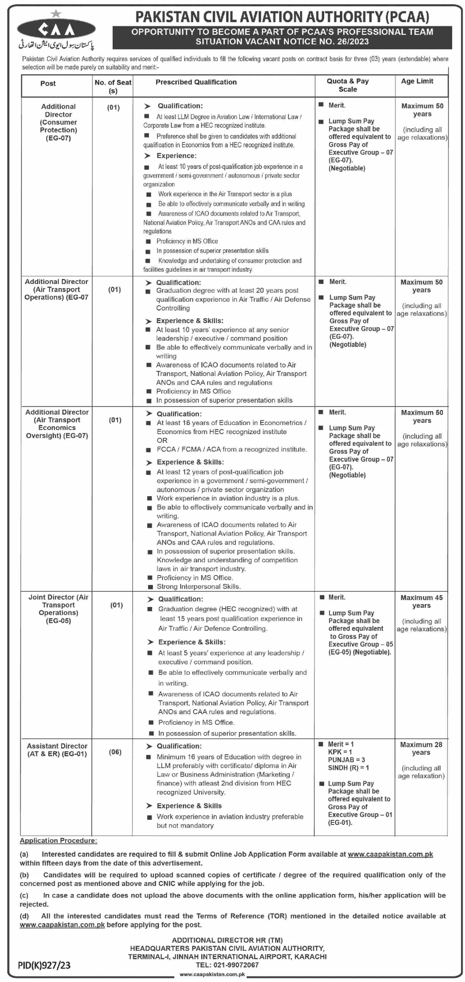 Pakistan Civil Aviation Authority PCAA Karachi Jobs 2023 – Pakistan Civil Aviation Authority (CAA) Jobs 2023 — original advertisement