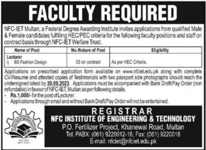 NFC Institute of Engineering & Technology Multan Jobs 2023 Jobs 2023 — original advertisement