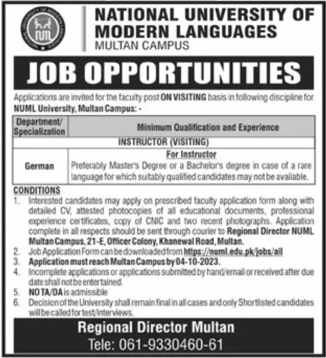 National University of Modern Languages NUML Multan Job 2023 – National University of Modern Languages Islamabad Jobs 2023 — original advertisement
