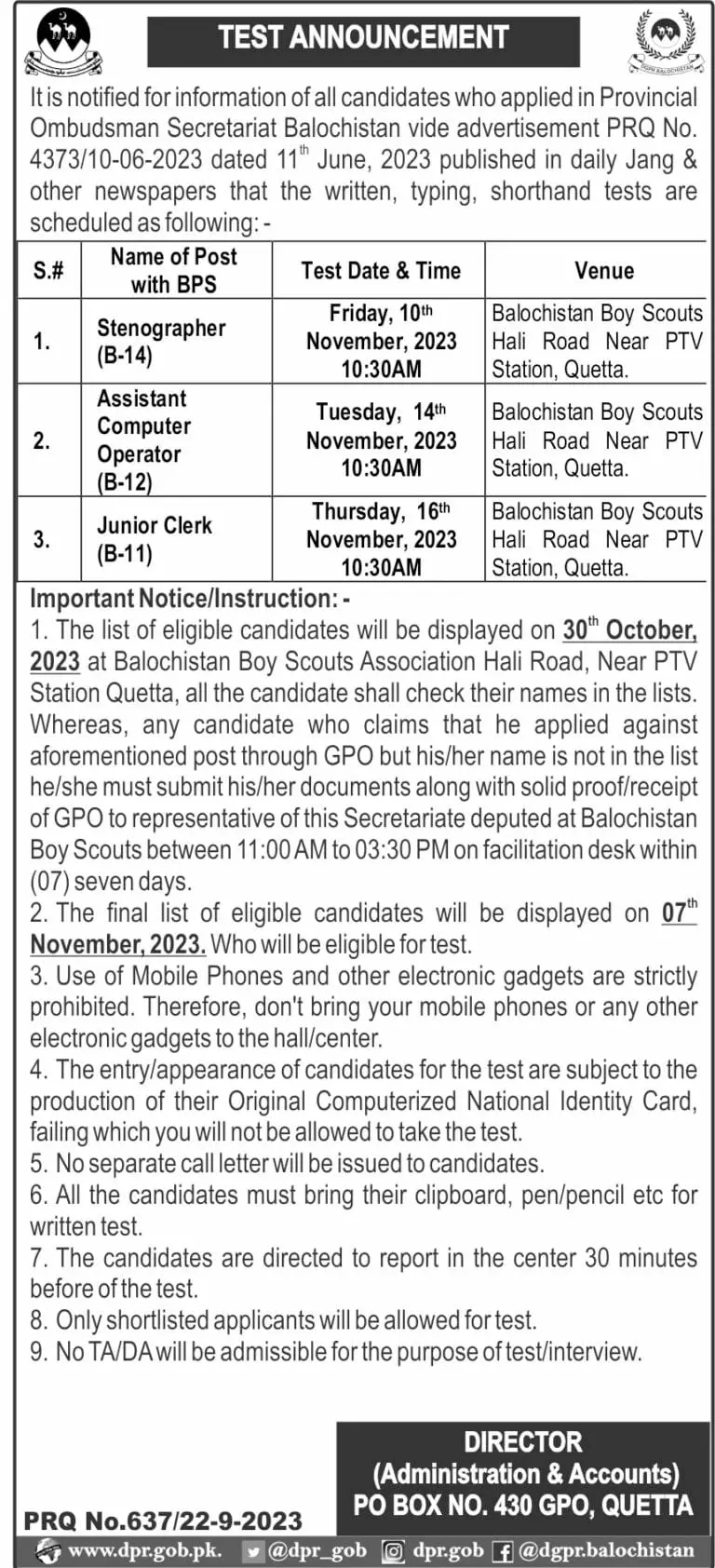 Provincial Ombudsman Secretriat Balochistan Jobs Interview – Provincial Ombudsman Mohtasib Secretariat Balochistan Jobs 2023 — original advertisement