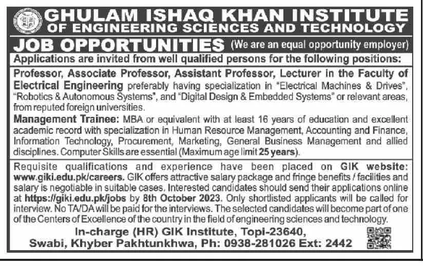 Ghulam Ishaq Khan Institute Of Engineering Jobs 2023 – Ghulam Ishaq Khan GIK Institute of Engineering Sciences and Technology Swabi Jobs 2023 — original advertisement