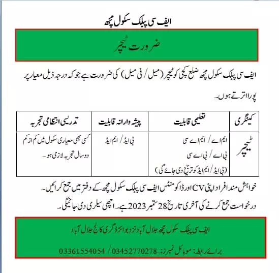 Fc Public School Mach Jalalabad Jobs 2023 – FC Public School and College Jobs 2023 — original advertisement
