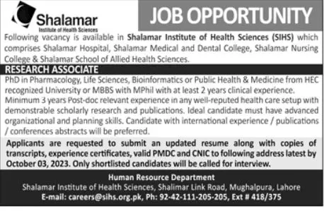 Shalamar Institute Of Health Sciences Jobs 2023 Jobs 2023 — original advertisement