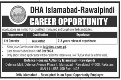 Defence Housing Authority DHA Islamabad Job 2023 Jobs 2023 — original advertisement