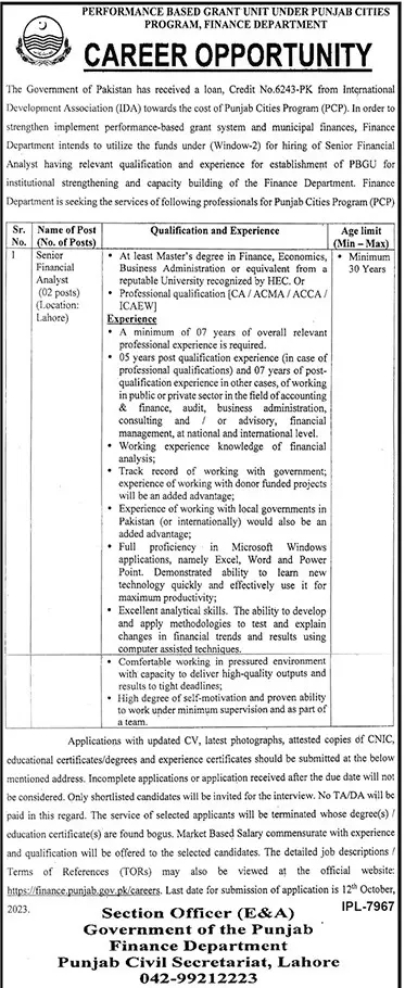 Finance Department Punjab Lahore Jobs 2023 Jobs 2023 — original advertisement