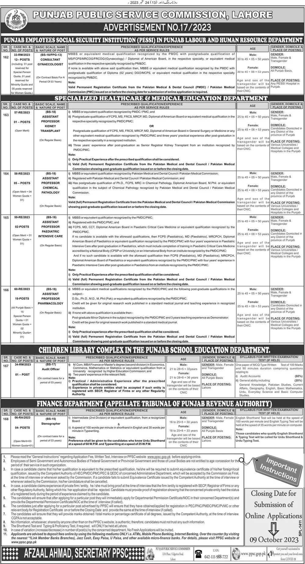 Punjab Public Service Commission PPSC Jobs 17/2023 – Punjab Public Service Commission Lahore Jobs 2023 — original advertisement