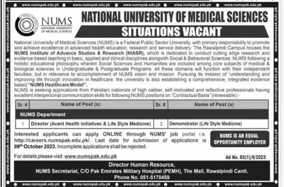 National University of Medical Sciences NUMS Rawalpindi Jobs – National University of Medical Science NUMS Jobs 2023 — original advertisement