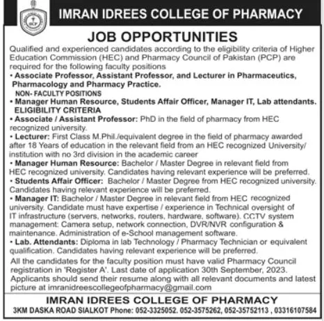 Imran Idrees College Of Pharmacy Sialkot Jobs 2023 Jobs 2023 — original advertisement