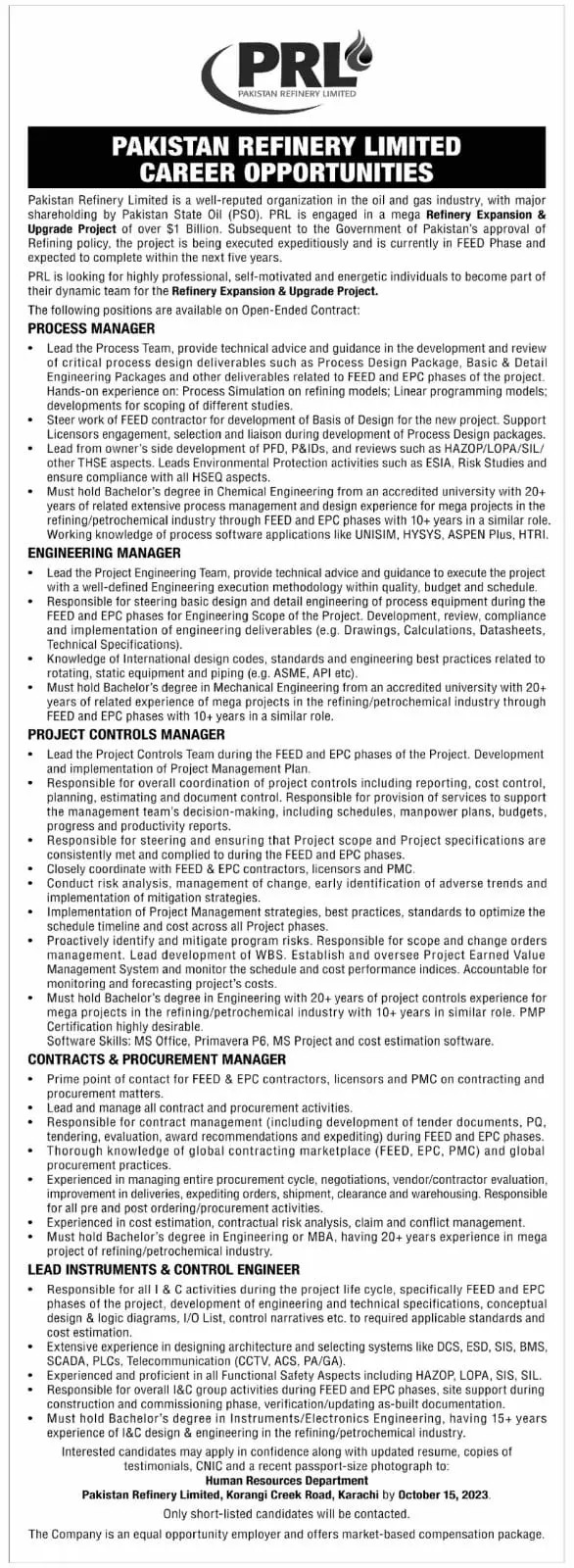 Pakistan Refinery Limited Karachi Jobs 2023 – Private Company Jobs 2023 — original advertisement
