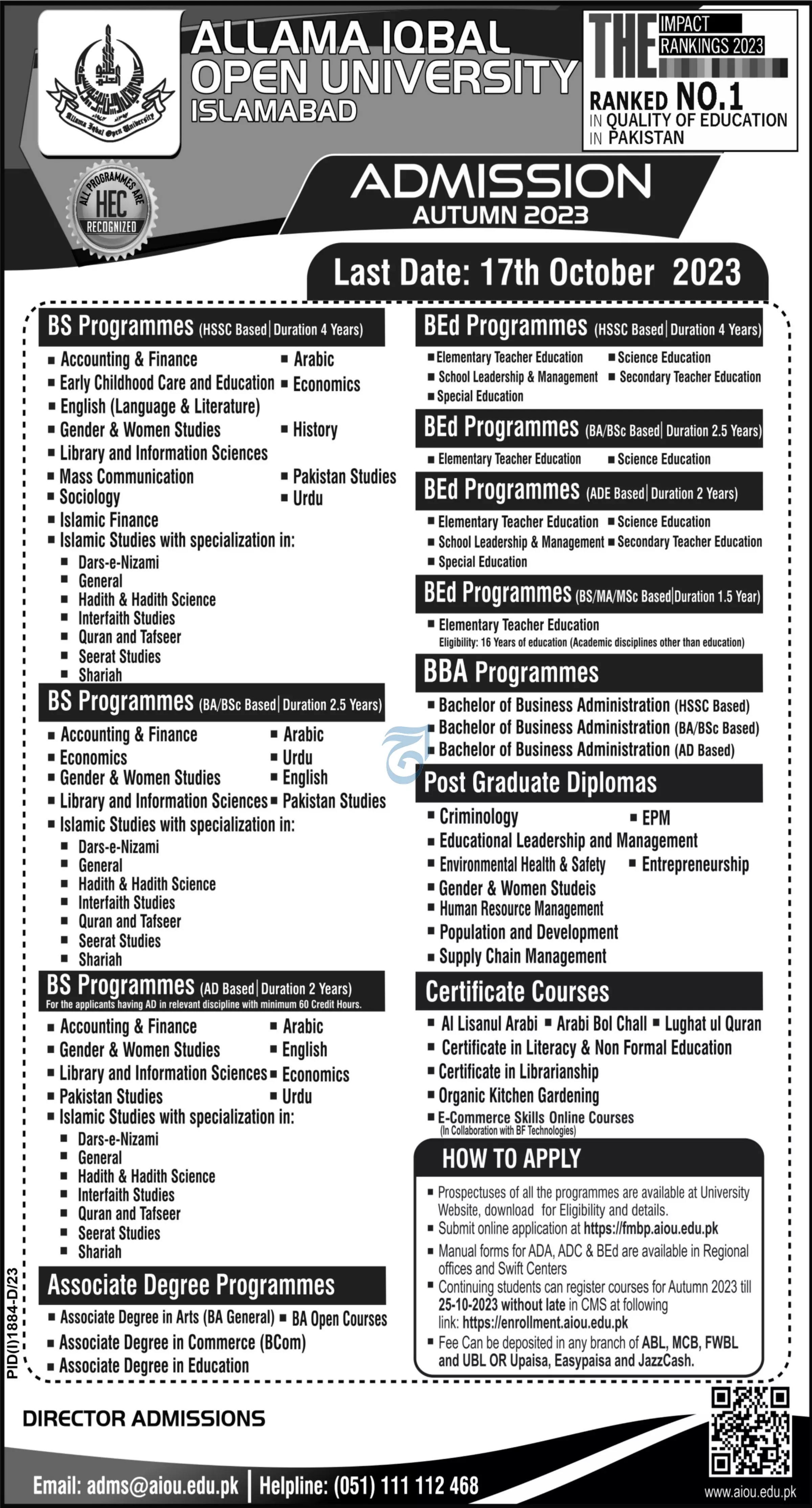 Allama Iqbal Open University Islamabad Admissions 2023 Admissions 2023 — original advertisement