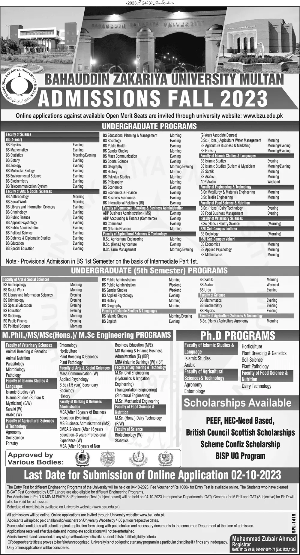 Bahauddin Zakariya University Multan BZU Multan Admissions Admissions 2023 — original advertisement