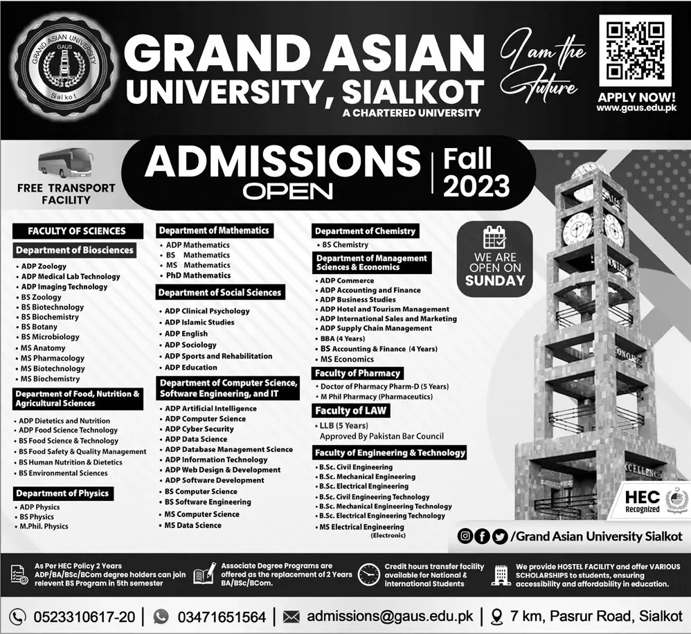 Grand Asian University Sialkot Admissions 2023 Admissions 2023 — original advertisement