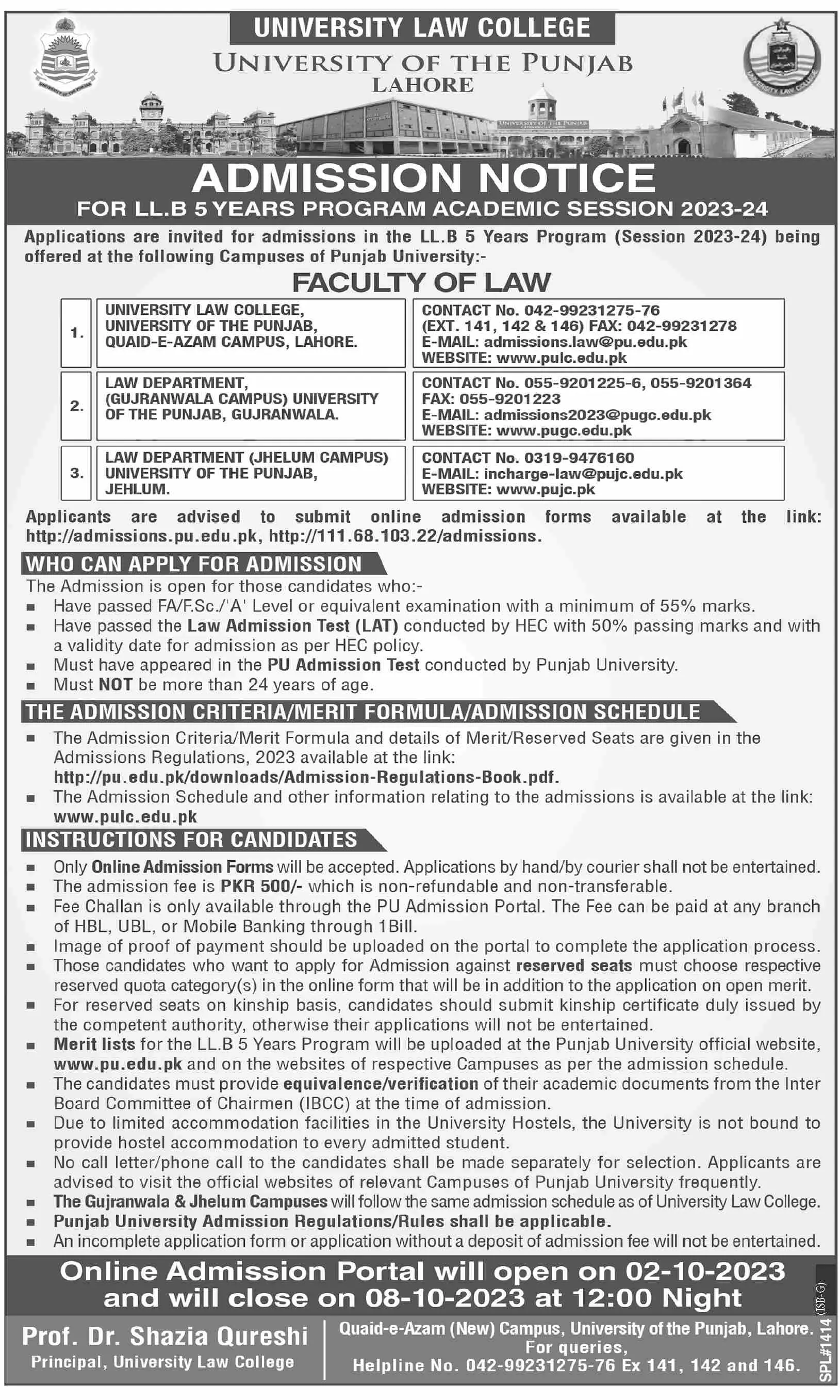 University of punjab Admissions 2023 Admissions 2023 — original advertisement