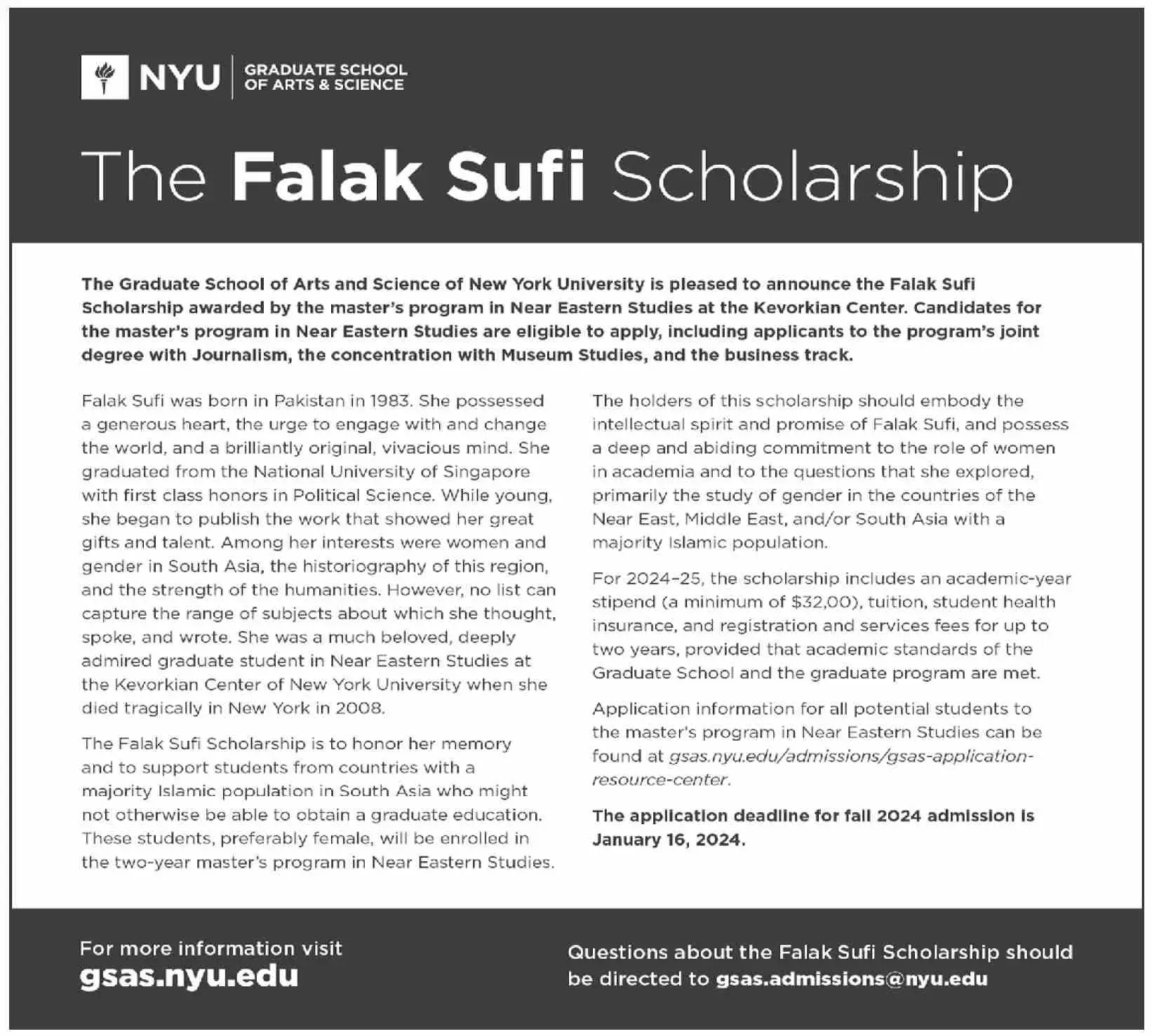 Falak Sufi Scholarships 2024 – New York University united states Scholarships 2023 — original advertisement