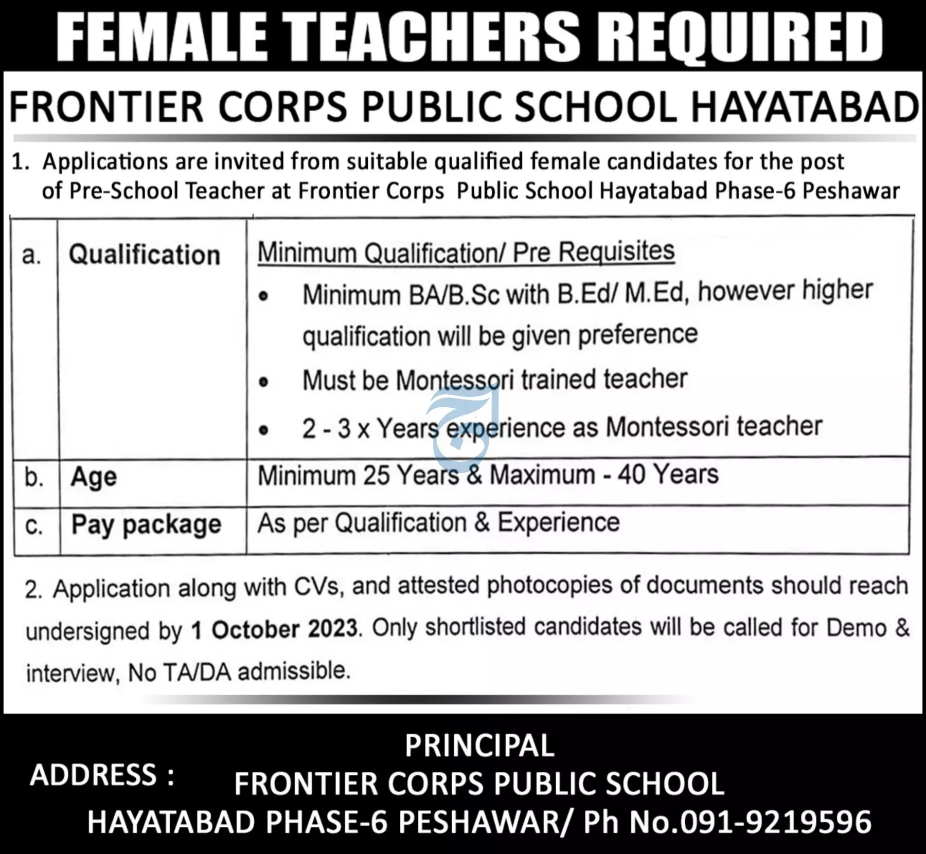 Frontier Crops Public School Hayatabad Jobs 2023 – Frontier Corps Kpk Jobs 2023 — original advertisement