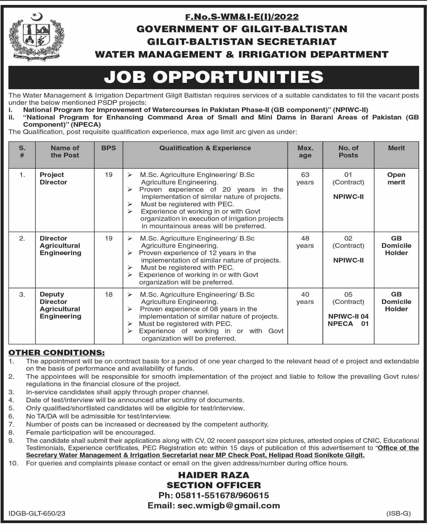 Water Management and Irrigation Department Gilgit Jobs 2023 – Water Management & Irrigation Department Gilgit Jobs 2023 — original advertisement