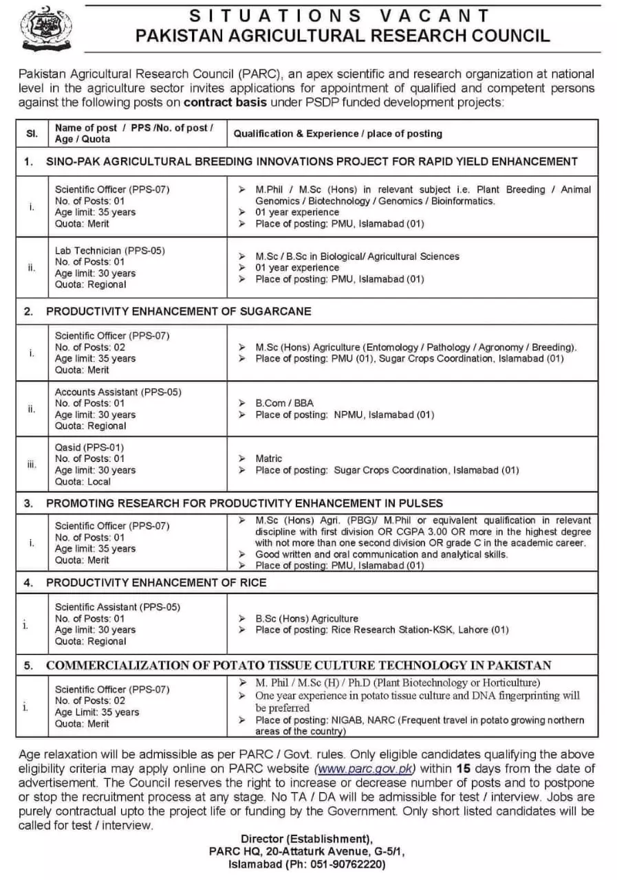 Pakistan Agricultural Research Council PARC Islamabad Jobs – Pakistan Agricultural Research Council Islamabad Jobs 2023 — original advertisement