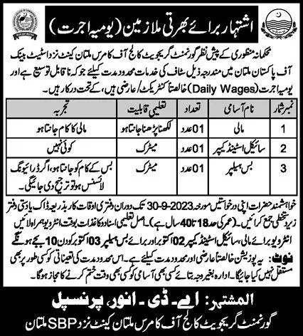 Government Graduate College Of Commerce  Multan Jobs 2023 Jobs 2023 — original advertisement