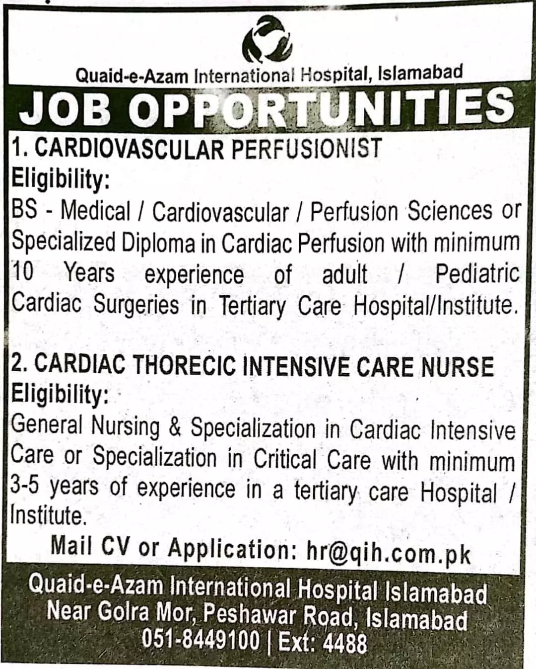 Quaid E Azam International Hospital Islamabad Jobs 2023 Jobs 2023 — original advertisement