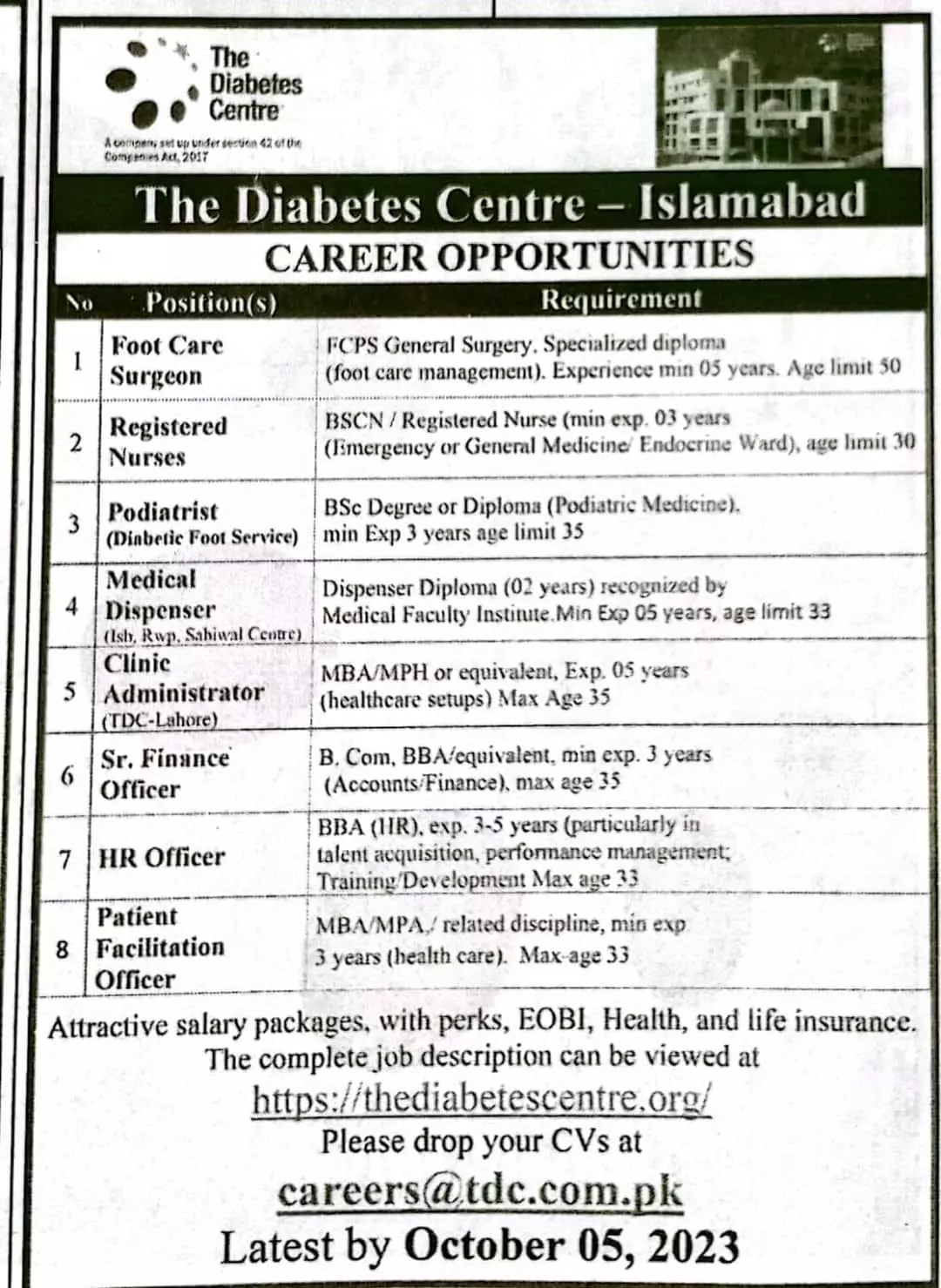 The Diabates Centre Islamabad Jobs 2023 – The Diabetes Centre Islamabad Jobs 2023 — original advertisement