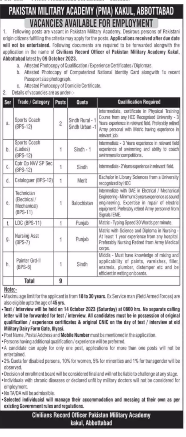 Pakistan Military Academy PMA Abbottabad Kakul Jobs 2023 Jobs 2023 — original advertisement