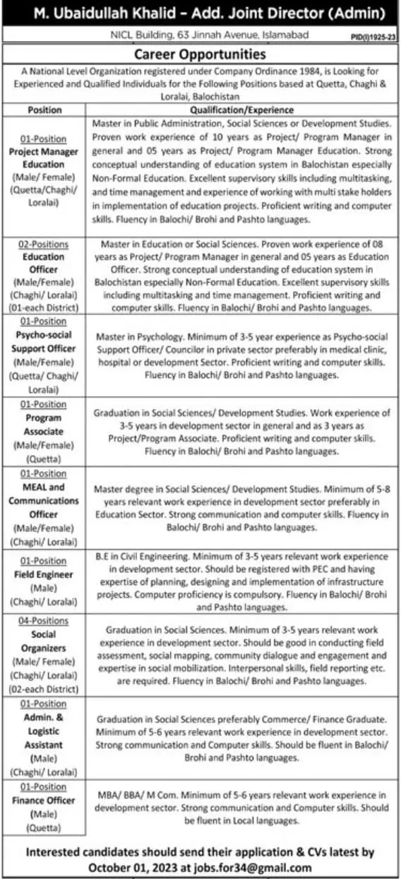 National Level Organization Balochistan Jobs 2023 – Public Sector Organization Jobs 2023 — original advertisement