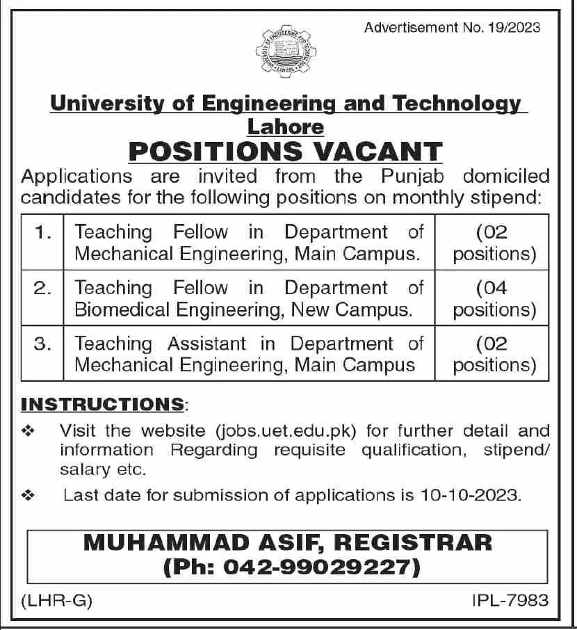 University Of Engineering And Technology UET Jobs 2023 – University of Engineering  & Technology Lahore Jobs 2023 — original advertisement