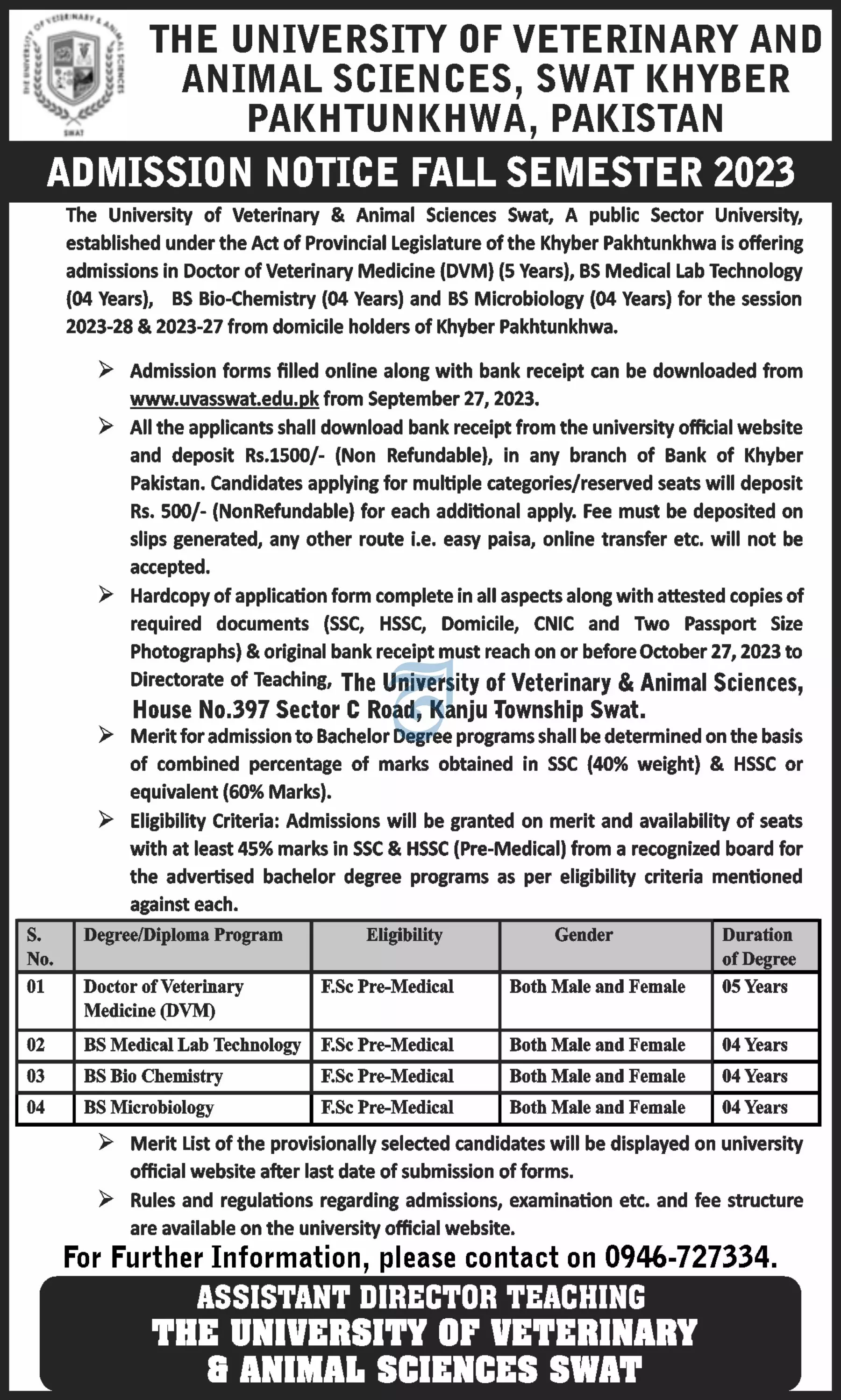 University of veternary and Animal Sciences Swat Admissions – University of Veterinary and Animal Sciences Swat Admissions 2023 — original advertisement