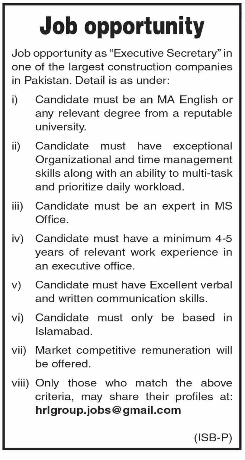 Construction Company Secretarial Karachi Jobs 2023 – Private Company Jobs 2023 — original advertisement