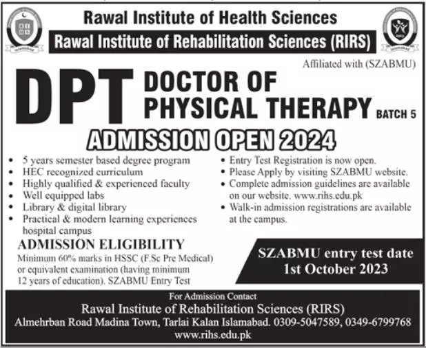 Rawal Institute of Health Sciences Islamabad Admissions 2023 Admissions 2023 — original advertisement