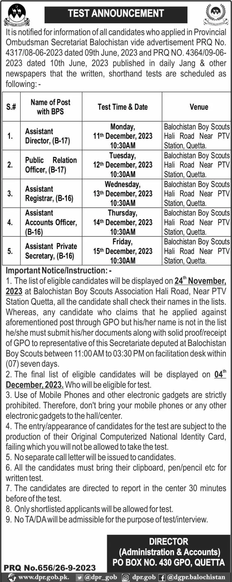 Provincial Ombudsman Secretariat Balochistan Test Interview – Provincial Ombudsman Mohtasib Secretariat Balochistan Jobs 2023 — original advertisement